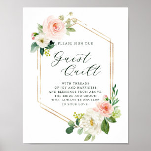Vita Bloom Guld Hexagon Bröllop Guest Quilt Poster