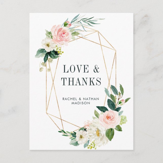  Vita Bloom Guld Ram Bröllop Tack Vykort (Framsida)