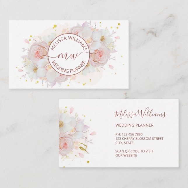 Vita Blush Blommor Logo Initialer Visitkort (Fram/baksida)