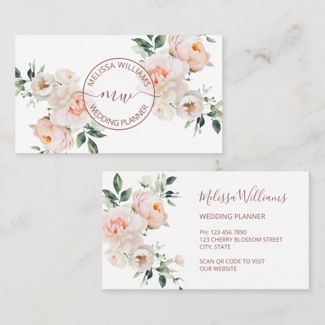 Vita Blush Blommor Logo Initialer Visitkort (Fram/baksida)