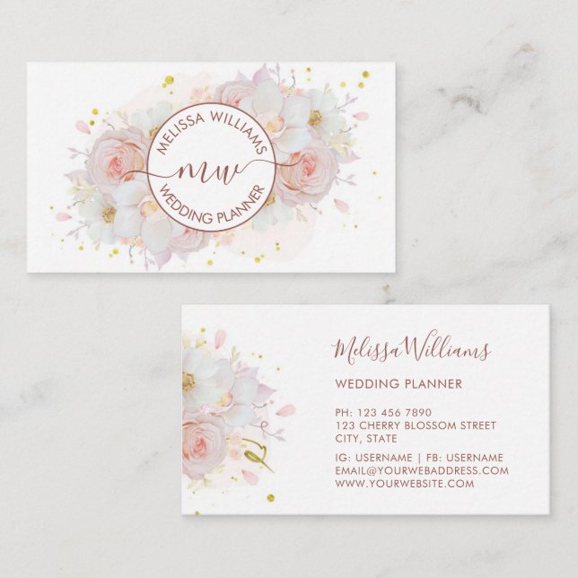 Vita Blush Blommor Logo Initialer Visitkort (Fram/baksida)