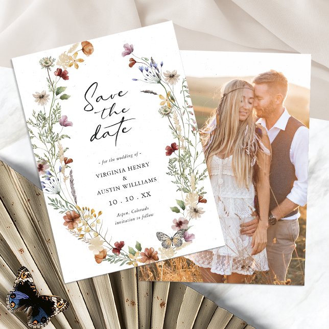 Vita Boho-Blommigten Spara datum Spara Datumet (White Boho Floral Save The Date Card with Photo by Painted Paperie
)