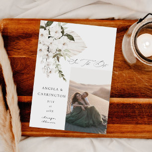 Vita Boho-Blommigten Spara datumfoto Datumet