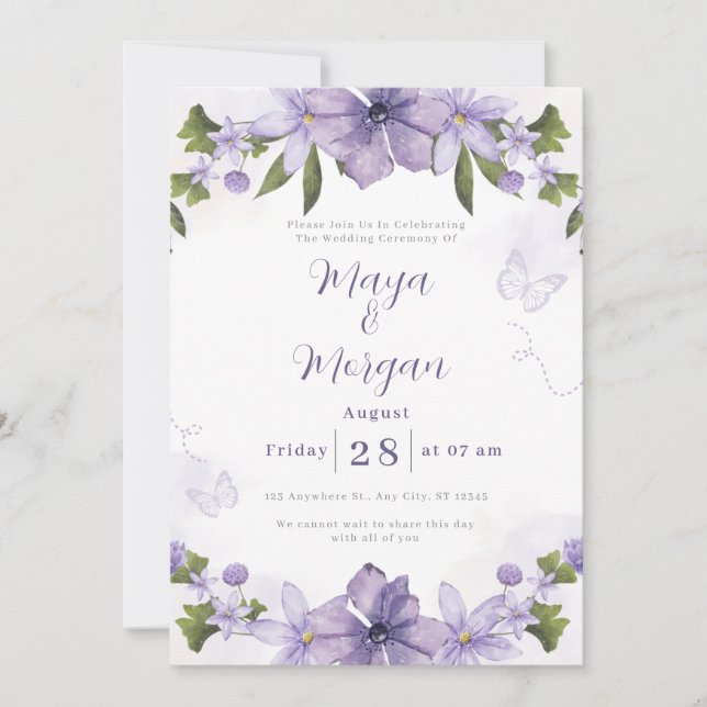 Vita Boho Blommor Lila Bröllopsinbjudan Inbjudningar (Framsida)