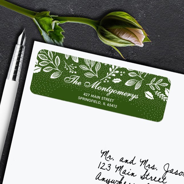 Vita botaniska på grön returadress etikett (White botanical leaves and dots on green return address labels)