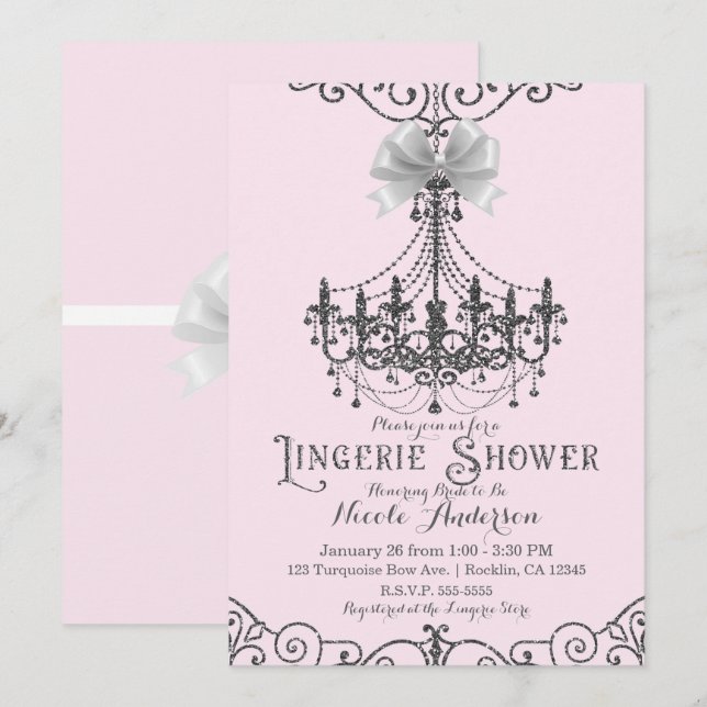 Vita Bow Lingerie Shower för  Rosa Silver Inbjudningar (Fram/baksida)