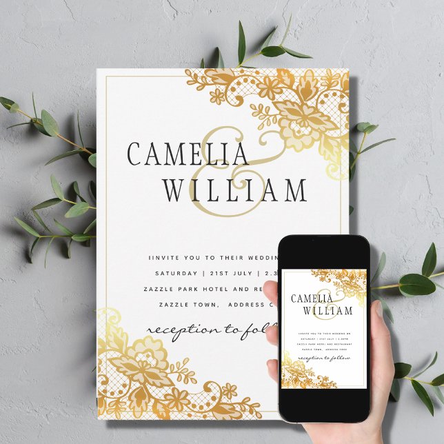 Vita bröllopsinbjudan från Guld Snöre Classic Eleg Inbjudningar (Skapare uppladdad)