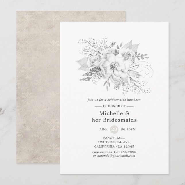 Vita brudtjänsteflickors lunch inbjudningar (Fram/baksida)