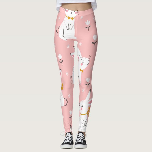 Vita Bunnier: Cute Blommigt Sömlös Leggings (Framsida)