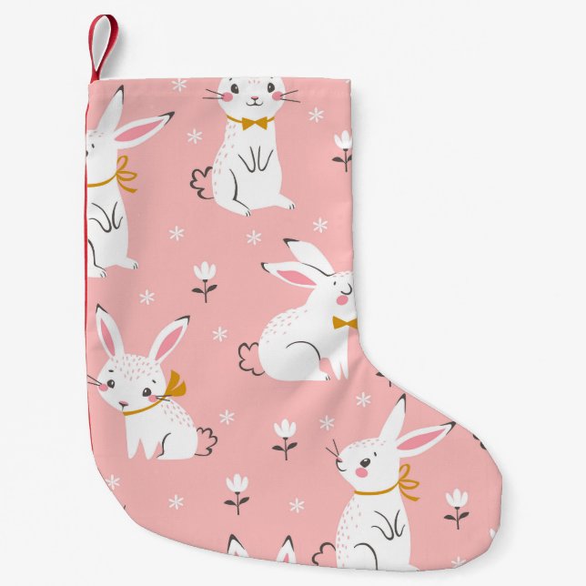 Vita Bunnier: Cute Blommigt Sömlös Liten Julstrumpa (Framsidan)