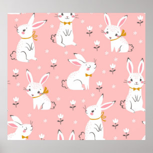 Vita Bunnier: Cute Blommigt Sömlös Poster