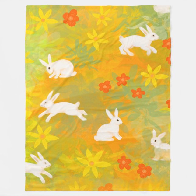 Vita bunnier på en blomruta fleecefilt (Framsidan)