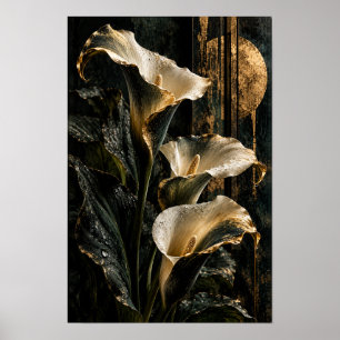 Vita Calla Lilior Botanisk Vägg med Guldcirkel Poster