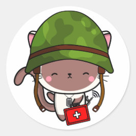 Vita Cat Wearing Army hjälmet Runt Klistermärke
