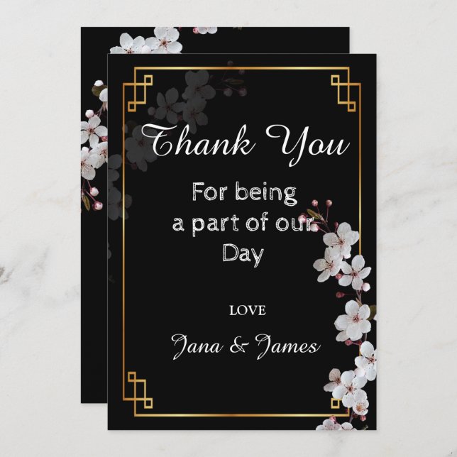 Vita Cherry-Blommar &guldRam tack Inbjudningar (Fram/baksida)