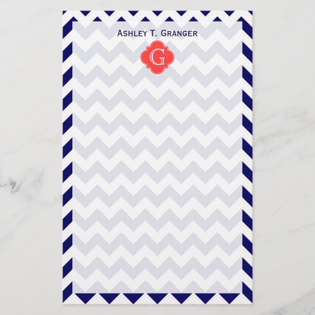 Vita Chevron Zigzag Coral Quatrefoil Monogram Brevpapper (Framsida)