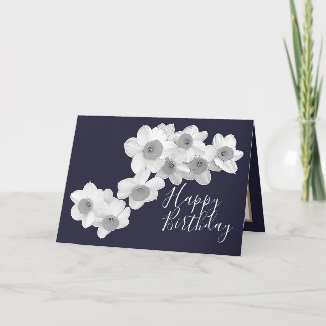 Vita Daffodils Navy Färg Background Birthday Kort (Framsida)