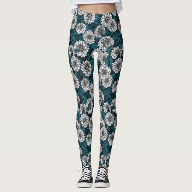 Vita Dahlia-trädgården/ blå löv 2 Leggings (Framsida)