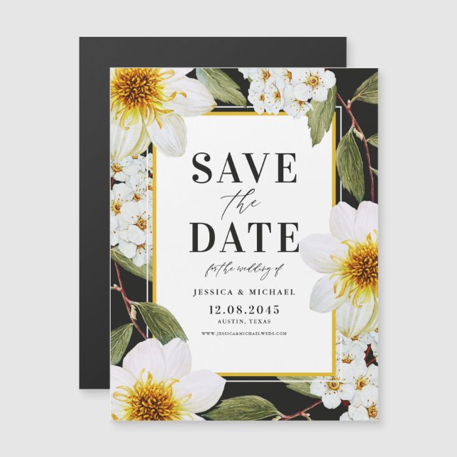 Vita Dahlias och botaniska spindlar Spara datum Magnetisk Inbjudningskort (Fram/baksida)