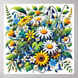 Vita Daisy Blommigt Artwork Flower Bouquet Poster