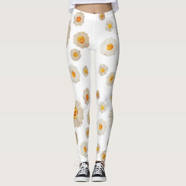 Vita Daisy Flowers mönster Anpassningsbar Leggings (Framsida)