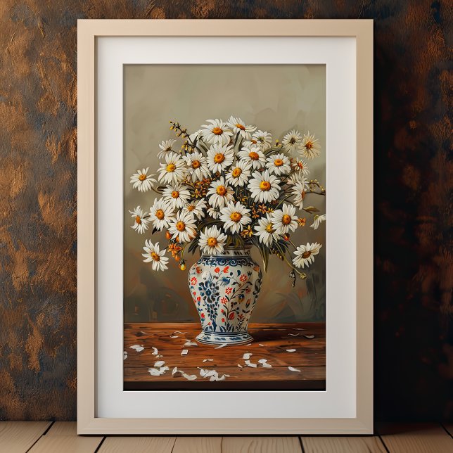 Vita Daisy i ett orientaliskt Vas Gouache målat Poster (Skapare uppladdad)