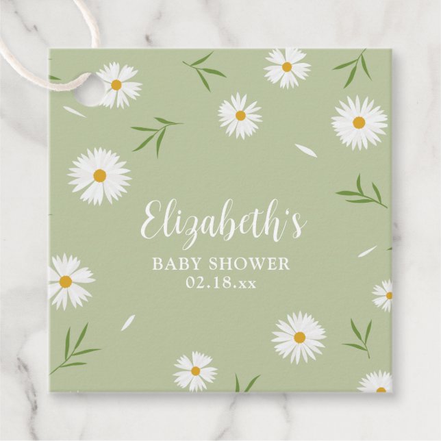 Vita Daisy med enkel Elegant, grön babystövel Gåvor Etiketter (Framsida)