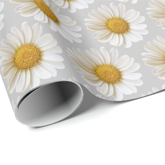 Vita Daisy Mönster Light Grått Presentpapper (Rullad Hörn)