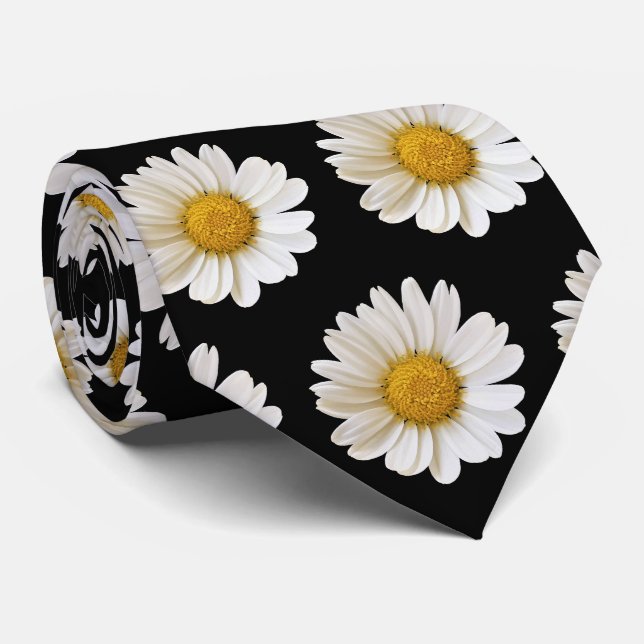 Vita Daisy Mönster på Black Neck Tie Slips (Rullad)