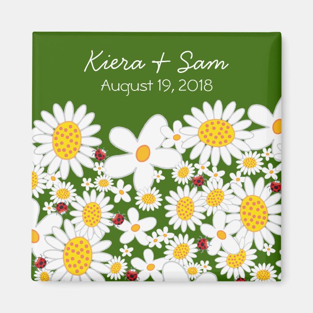 Vita Daisy och Ladybugs Gift / Spara Date Magnet (Framsidan)