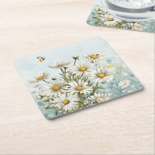 Vita Daisy och Ladybugs Springtime Underlägg Papper Kvadrat