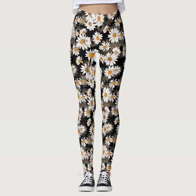 Vita Daisy på Blommönstret Black Leggings (Framsida)