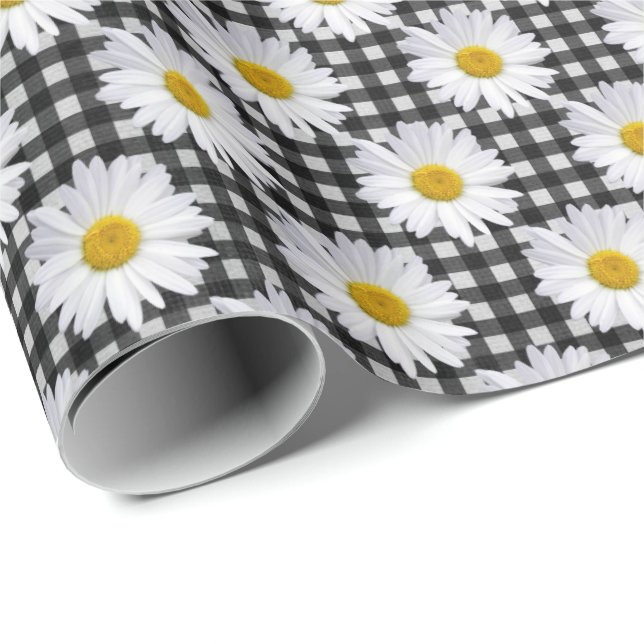 Vita Daisy på Gingham Presentpapper (Rullad Hörn)