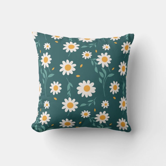 Vita Daisy på Greenish Blue Background Kudde (Framsida)