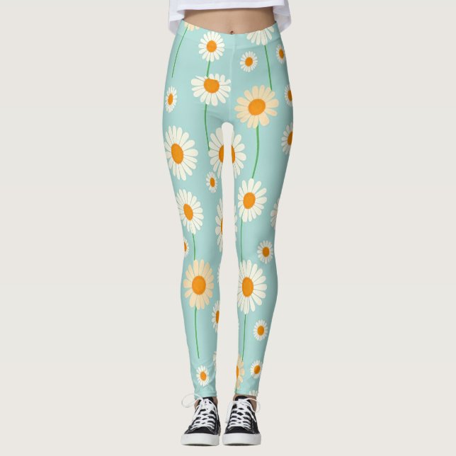 Vita Daisy på ljusblå bakgrund Leggings (Framsida)
