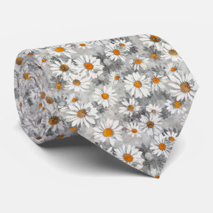 Vita Daisy på Silver Grått Blommönster Slips