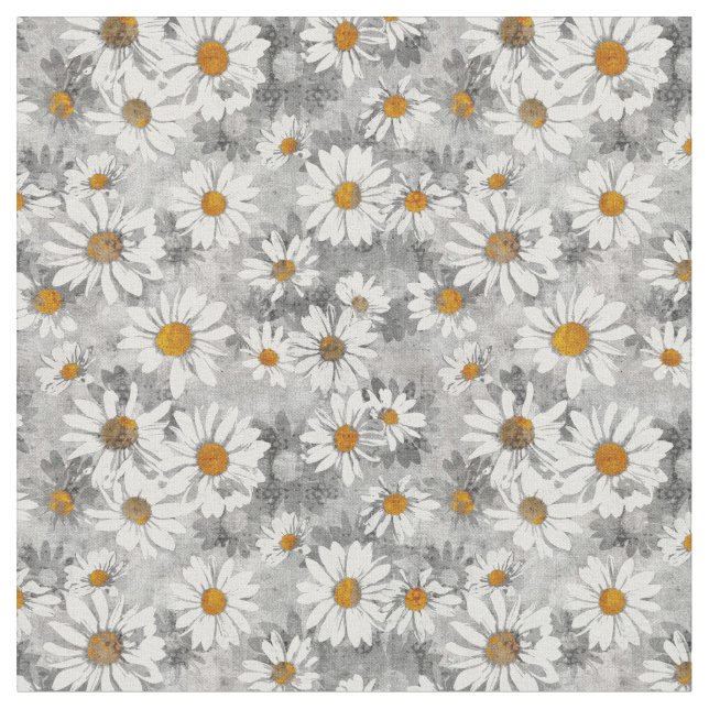 Vita Daisy på Silver Grått Blommönster Tyg (Närbild)