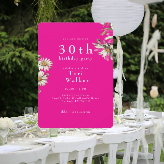 Vita Daisy, Shock rosa Rundad Födelsedagsfest Inbjudningar (Skapare uppladdad)