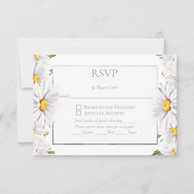 Vita Daisy Vattenfärgad Blommigt med Silver OSA Kort (Framsida)