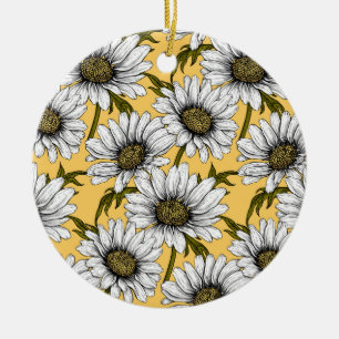 Vita daisy, vild blommor på gulten julgransprydnad keramik