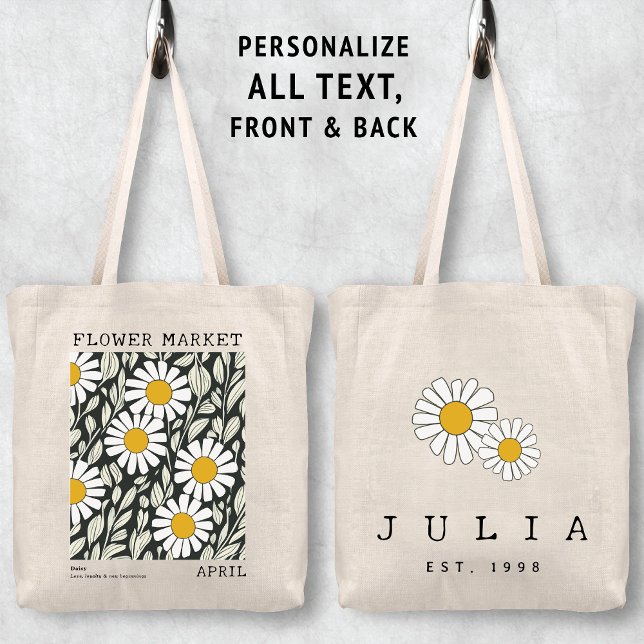 Vita Daisyn Blommigt April Flower Market Namn Tygkasse (Personalized April Birth Flower Market Tote Bag, Custom Name Tote, Bachelorette Bridesmaid Gifts )