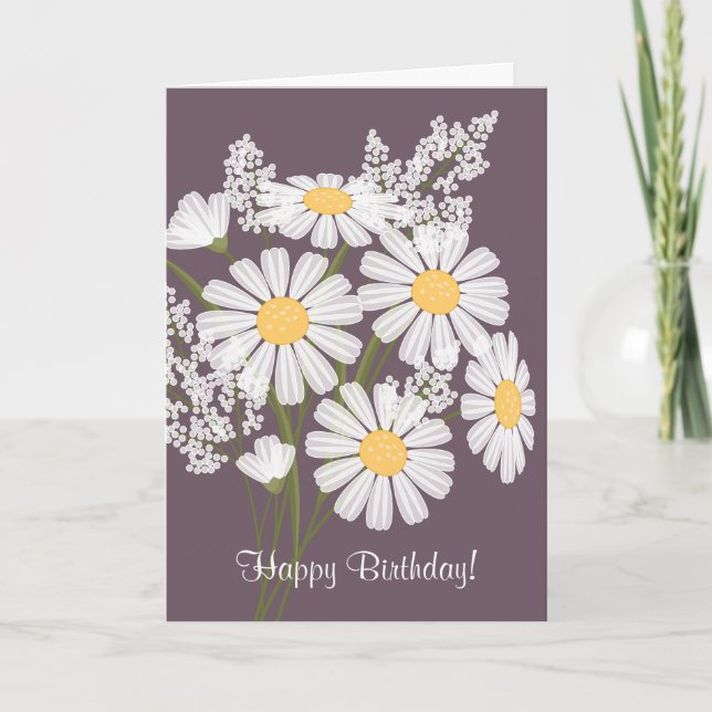 Vita Daisyn Blommor vid Lila Grattis på födelsedag Kort (Framsida)