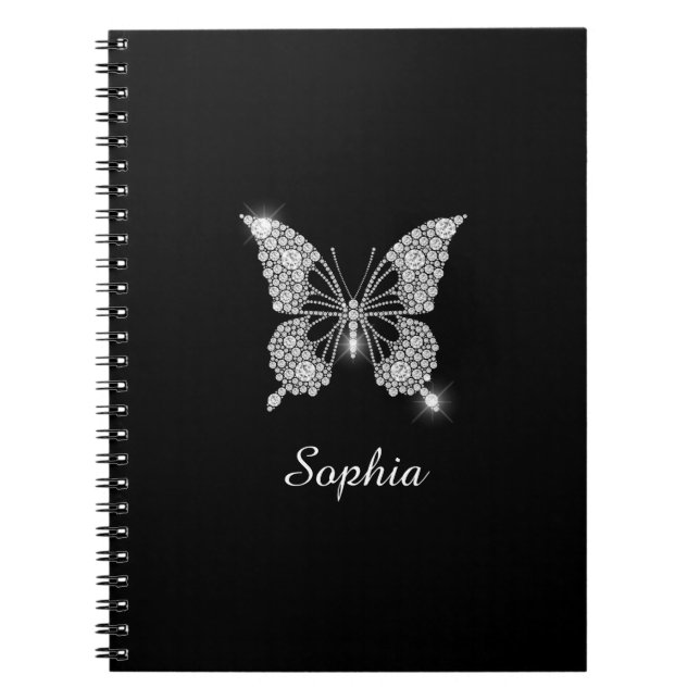 Vita diamanter Butterfly, DIY Script Namn, Black Anteckningsbok (Framsidan)