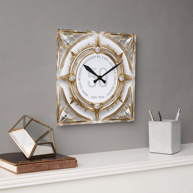 Vita diamanter och Guld 50:e Bröllop-årsdagen Fyrkantig Klocka (Kontor)