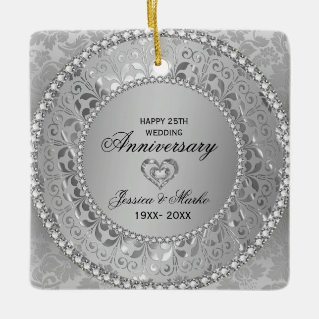 Vita diamanter och Silver Damask 25-årsjubileum Julgransprydnad Keramik (Framsida)