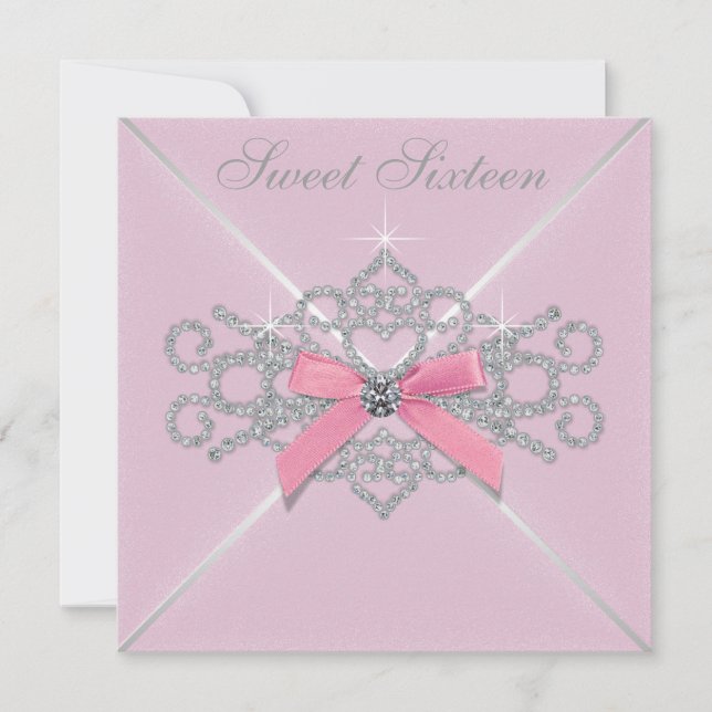 Vita diamanter rosa Sweet 16 födelsedagsfest Inbjudningar (Framsida)