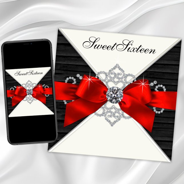 Vita diamanter, svart rött, 16 Födelsedagsfester Inbjudningar (Red and black Sweet 16 invitation with red bow and diamonds. Red and black any occasion invitation.)
