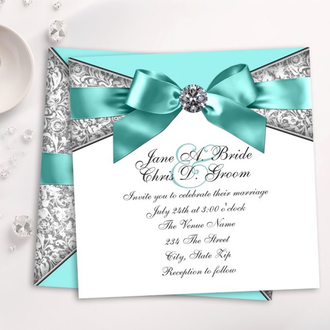 Vita diamanter turkosa bröllop inbjudningar (Elegant teal blue diamond wedding invitation. )
