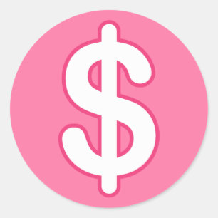 Vita dollartecken på rosa bakgrundsmärken runt klistermärke