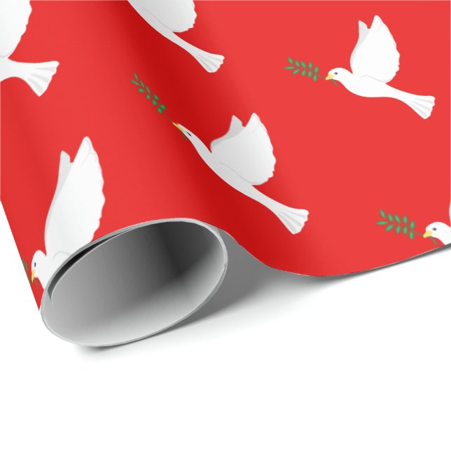 Vita Dove Bird med Olive Gren på Red Presentpapper (Rullad Hörn)
